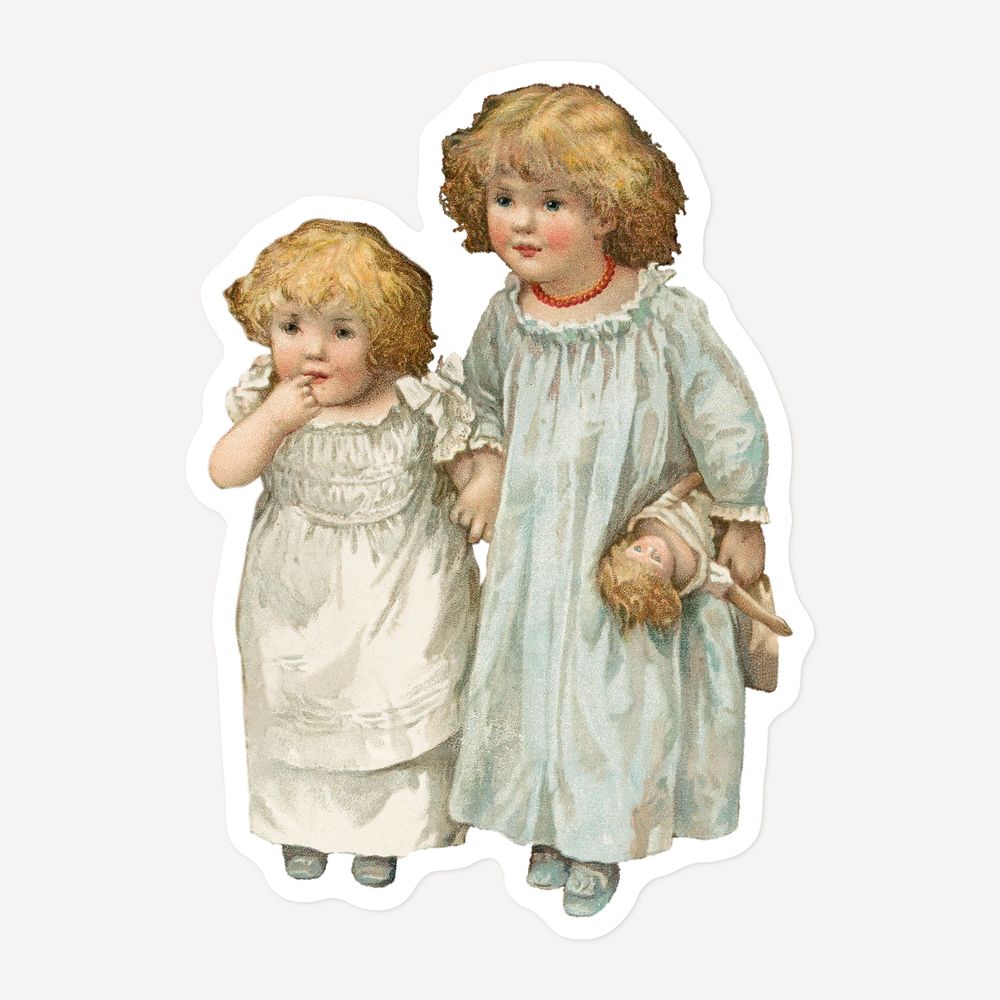 Vintage hand drawn children with doll sticker with white border