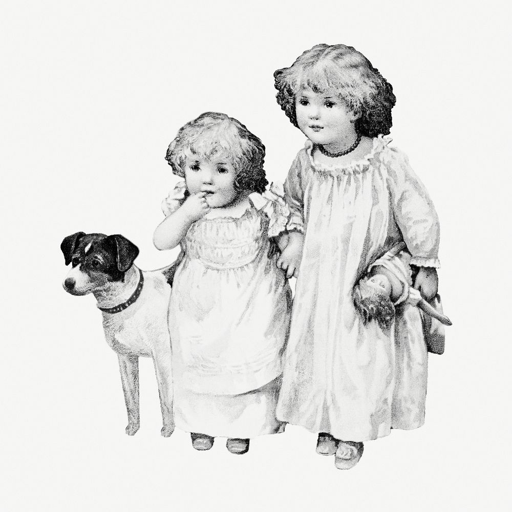 Vintage monochrome children and dog design element