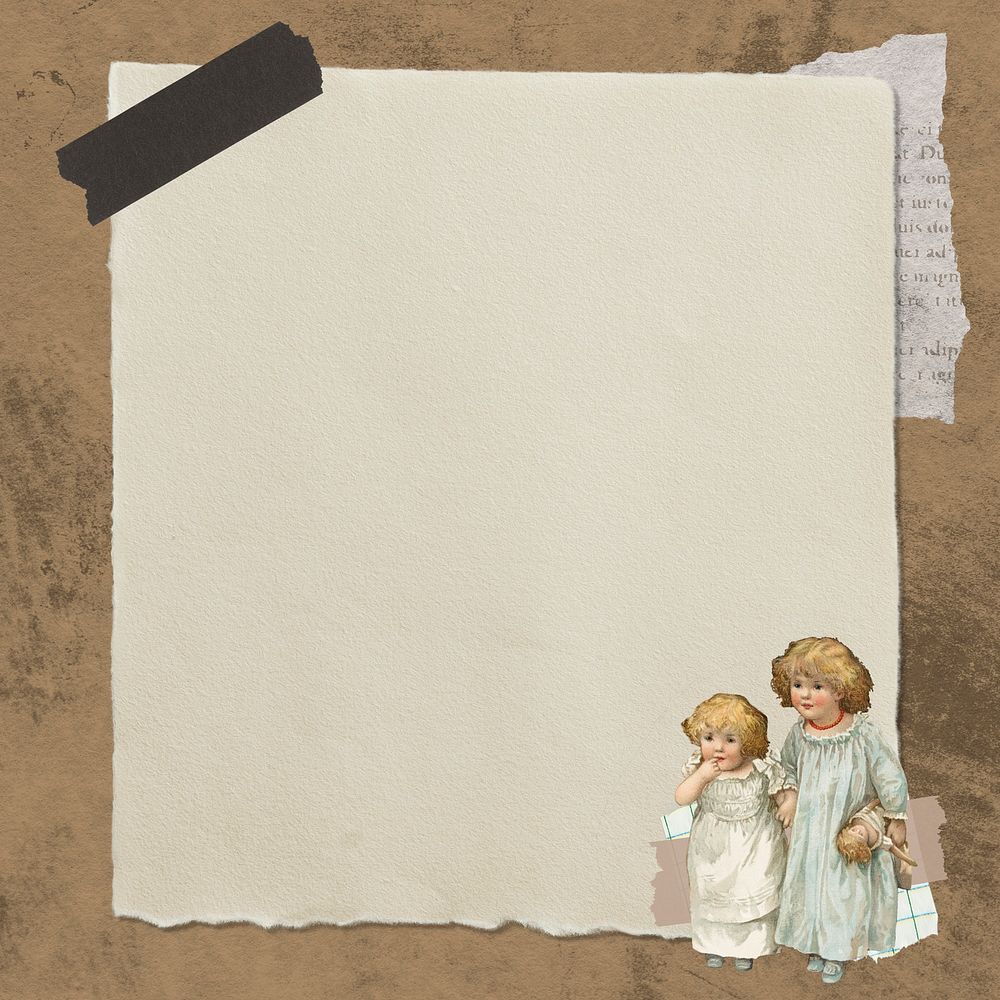 Vintage hand drawn children with doll on paper texture background
