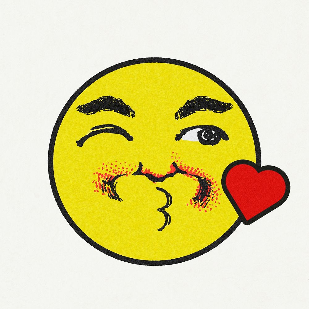 Vintage yellow round kissing emoji design element