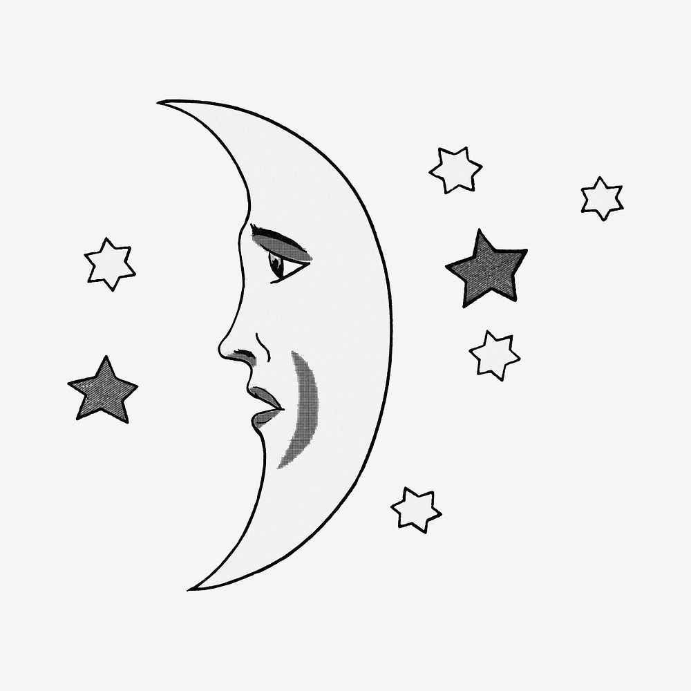 Celestial crescent moon with stars line art design element