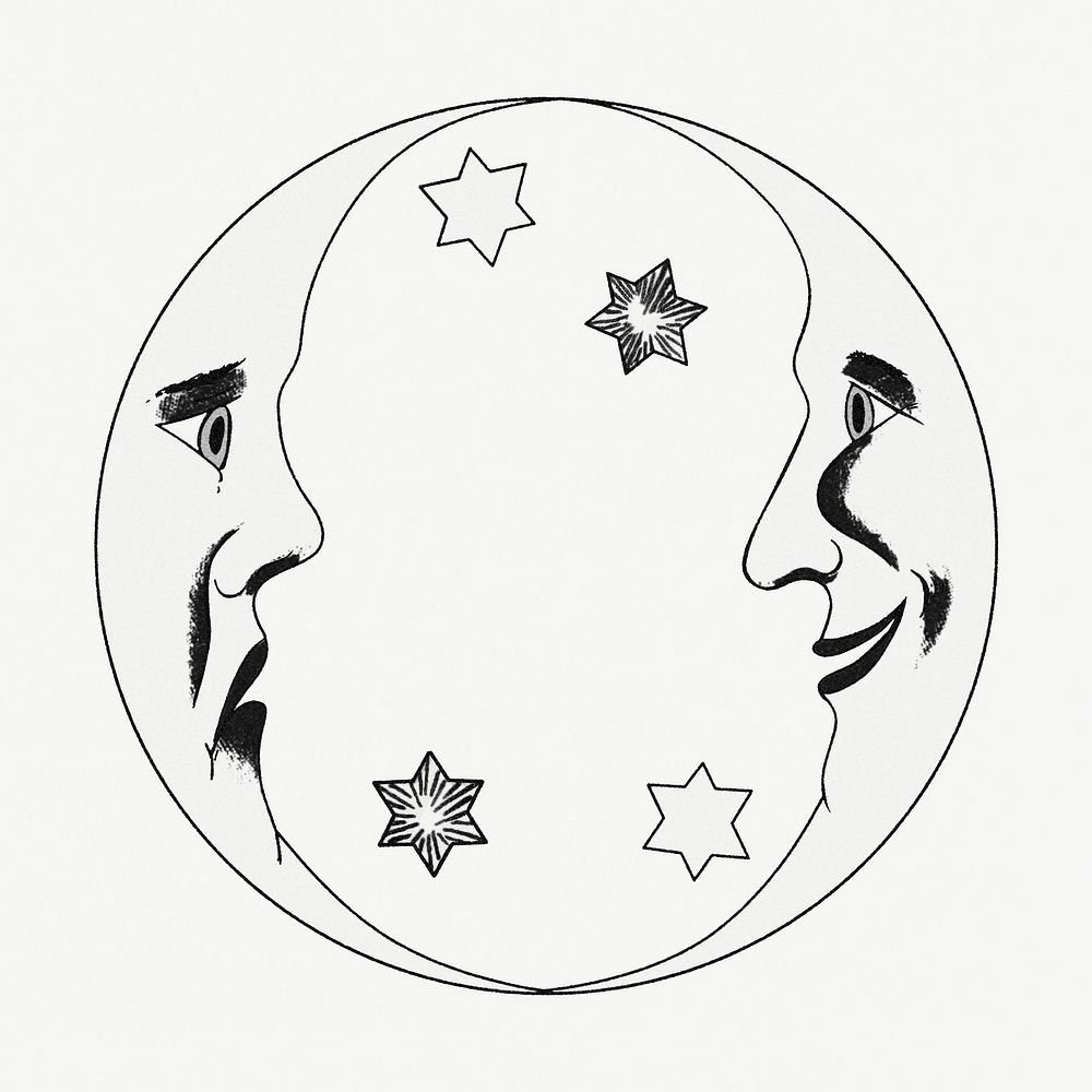 Celestial double crescent moon with stars line art design element