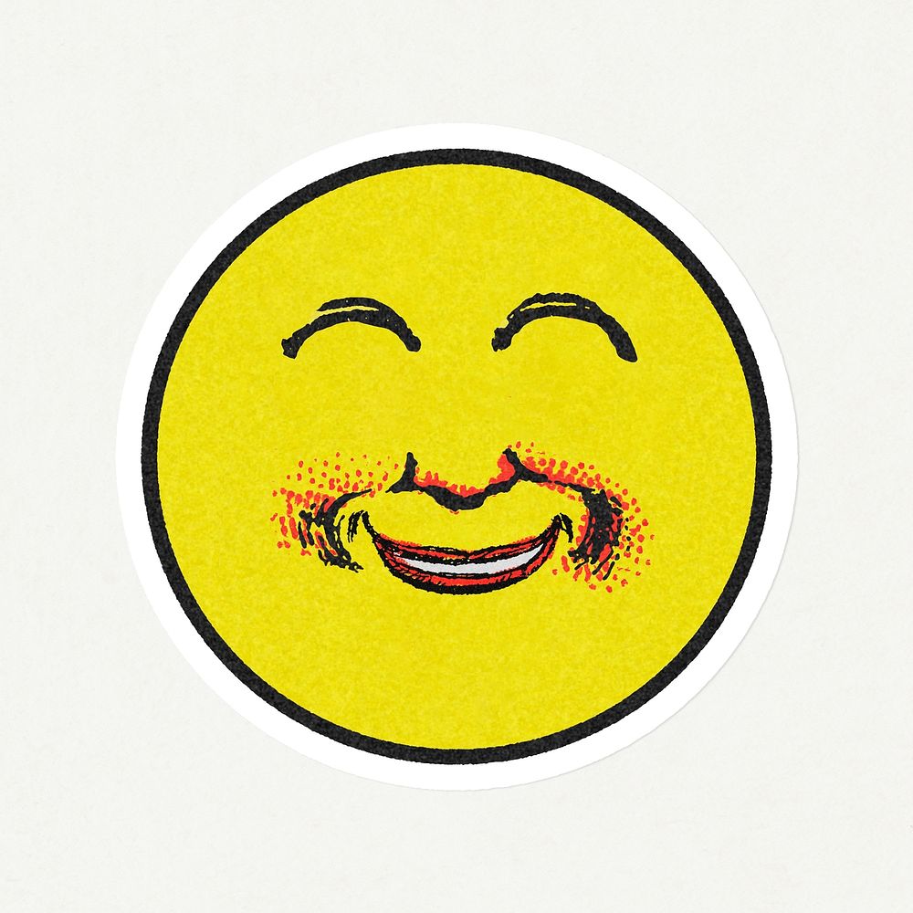 Vintage yellow round happy emoji sticker with white border