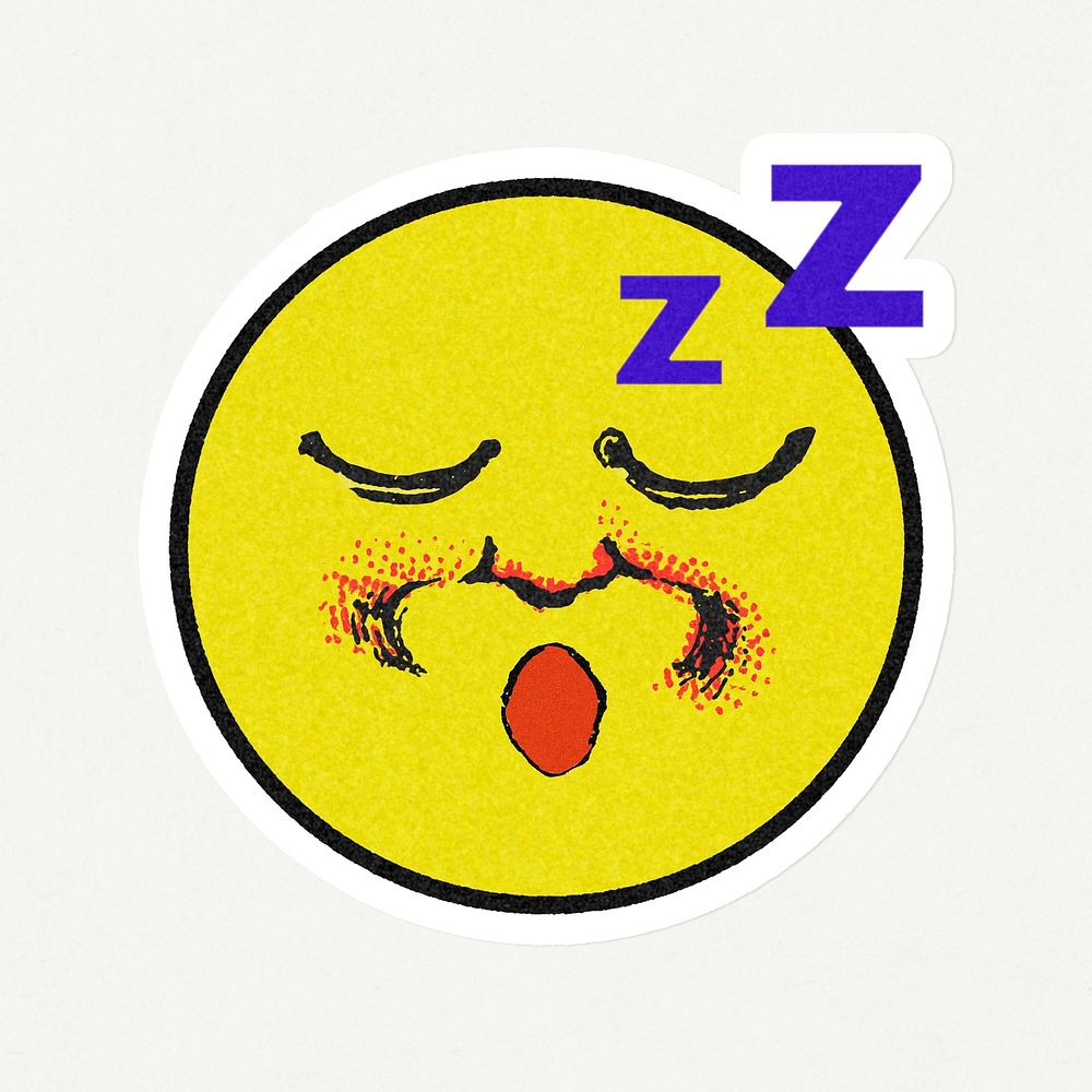 Vintage yellow round sleepy emoji sticker with white border