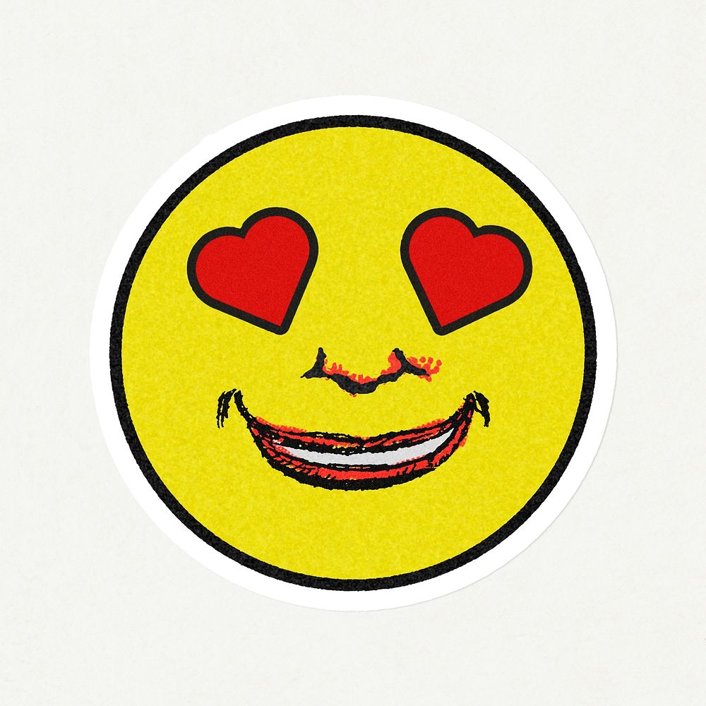 Vintage yellow round happy emoji sticker with white border