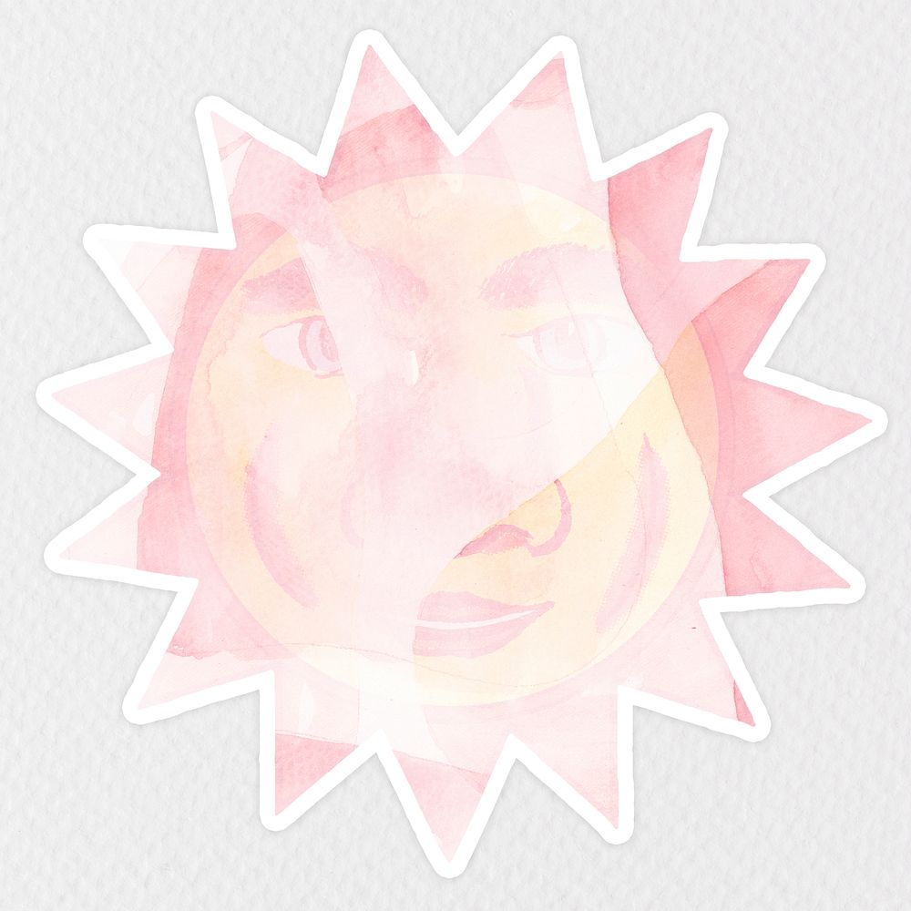 Pink celestial sun face with ray sticker with white border