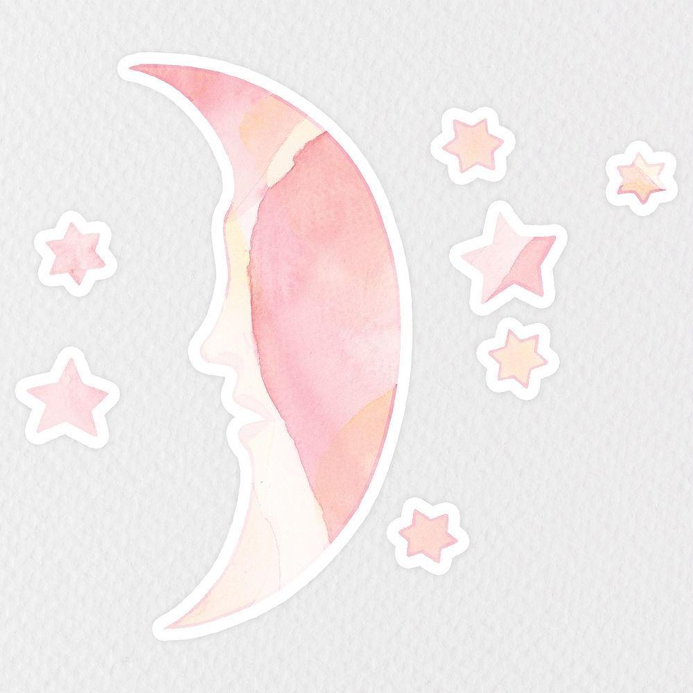 Pink celestial crescent moon face with stars sticker with white border