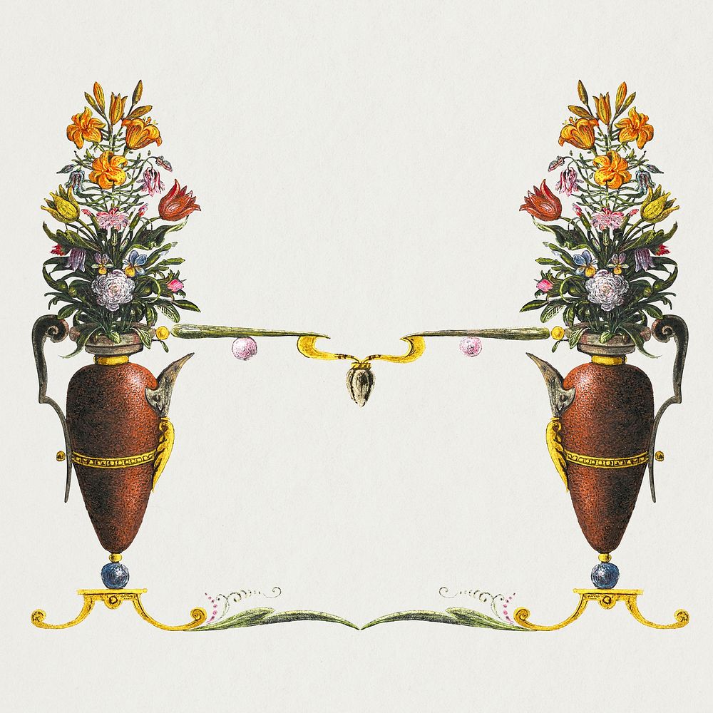Blooming flower in vintage vase frame hand drawn illustration