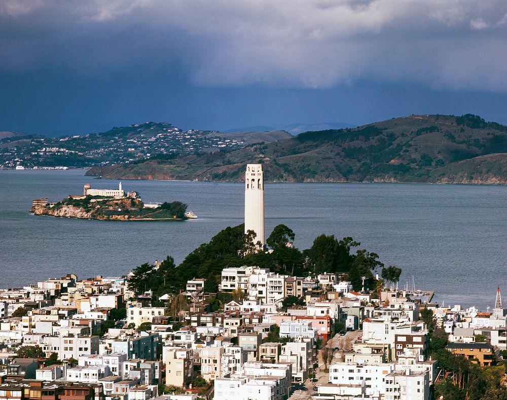 Coit Tower and Alcatraz view of San Francisco. Original image from Carol M. Highsmith&rsquo;s America. Digitally enhanced by…