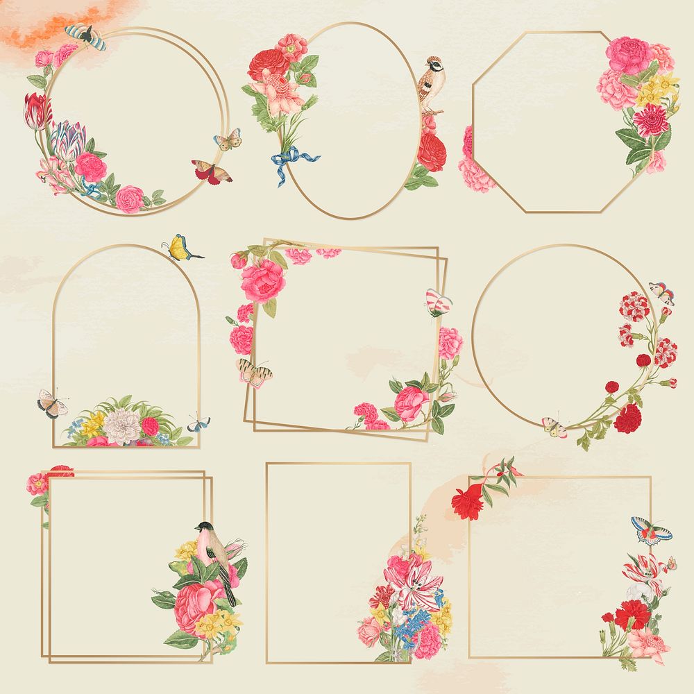 Vintage flower gold frame vector collection, remixed from the 18th-century artworks from the Smithsonian archive.