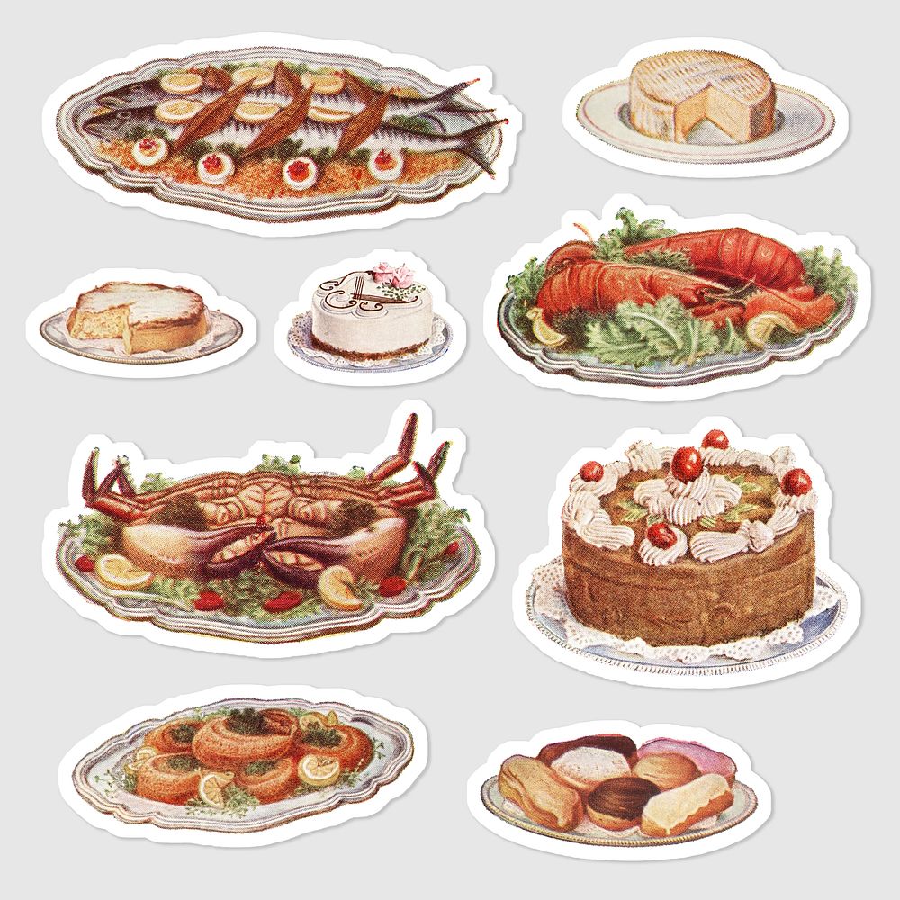 Hand drawn set of food and desserts sticker with white border