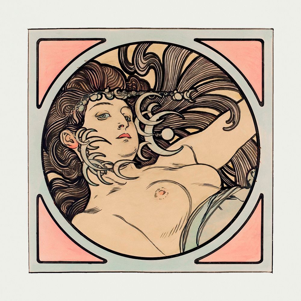Art nouveau psd naked woman, remixed from the artworks of Alphonse Maria Mucha