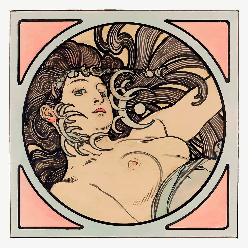 Art nouveau naked lady vector, remixed from the artworks of Alphonse Maria Mucha