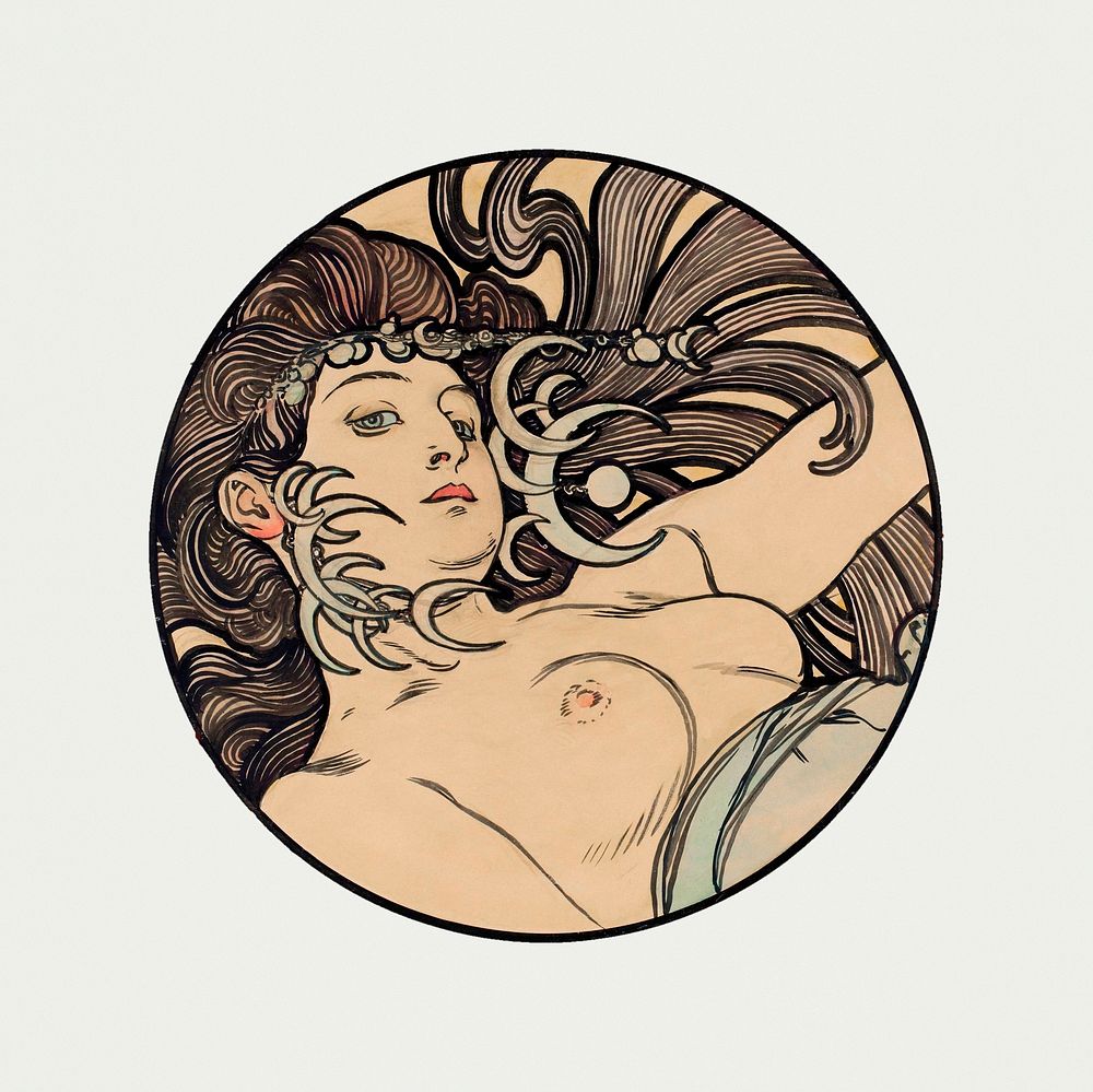 Art nouveau nude lady illustration, remixed from the artworks of Alphonse Maria Mucha