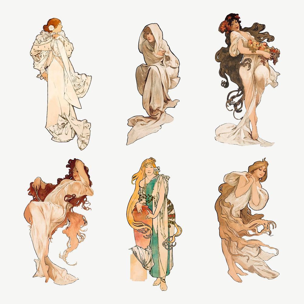 Art nouveau lady collection vector, remixed from the artworks of Alphonse Maria Mucha