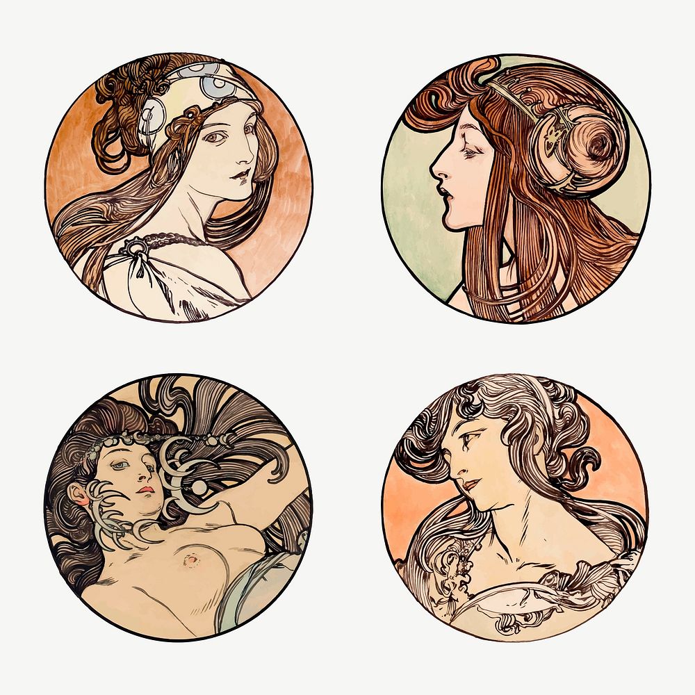 Lady art nouveau illustration vector set, remixed from the artworks of Alphonse Maria Mucha