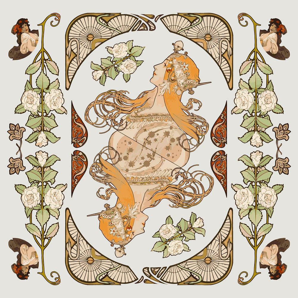 Ornament and lady art nouveau vector set, remixed from the artworks of Alphonse Maria Mucha