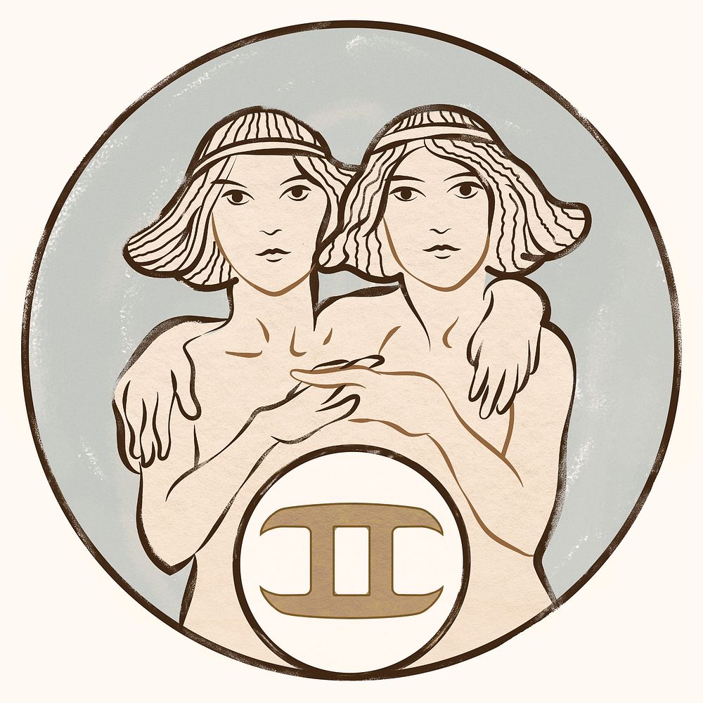 Art nouveau gemini zodiac sign, remixed from the artworks of Alphonse Maria Mucha