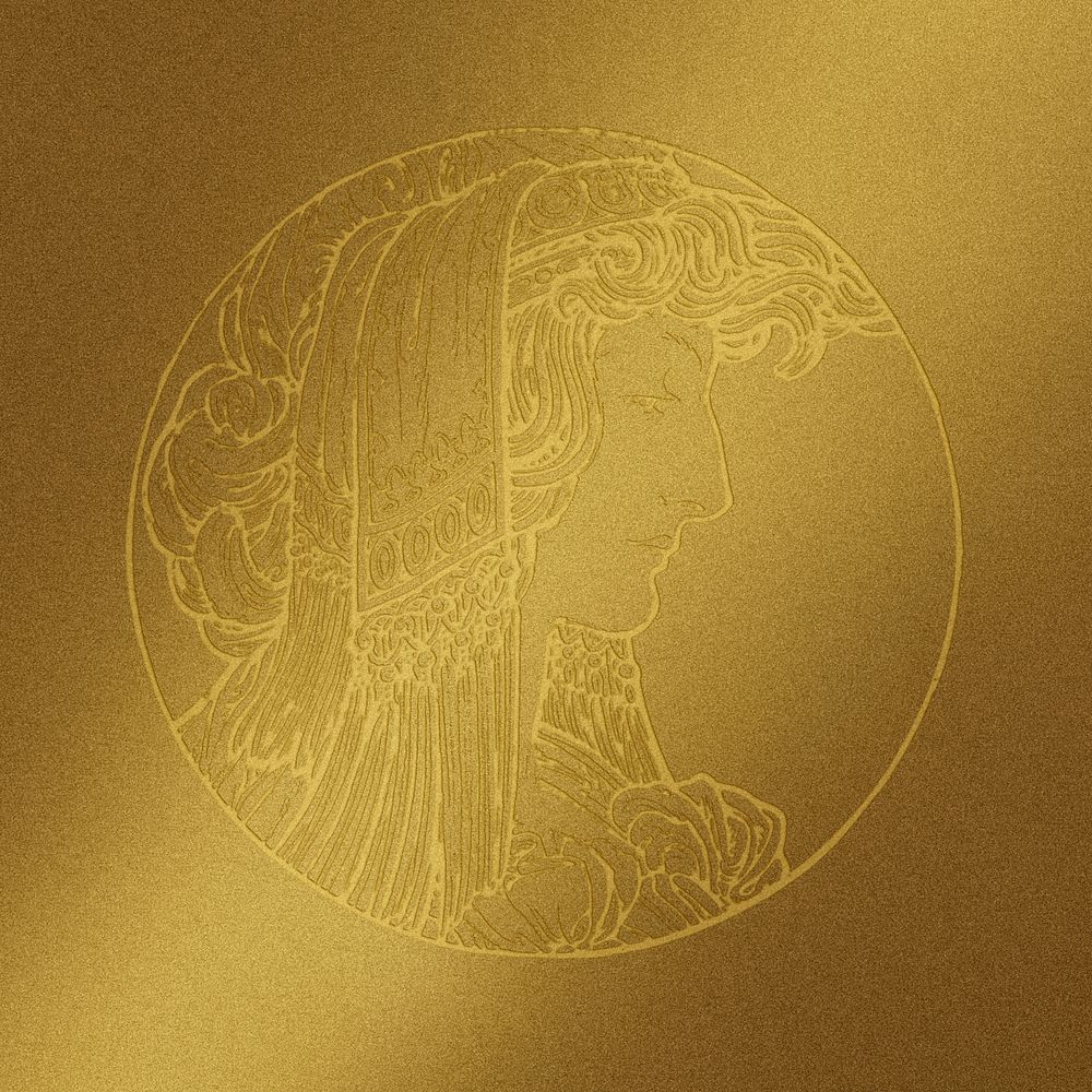 Art nouveau gold badge woman, remixed from the artworks of Alphonse Maria Mucha