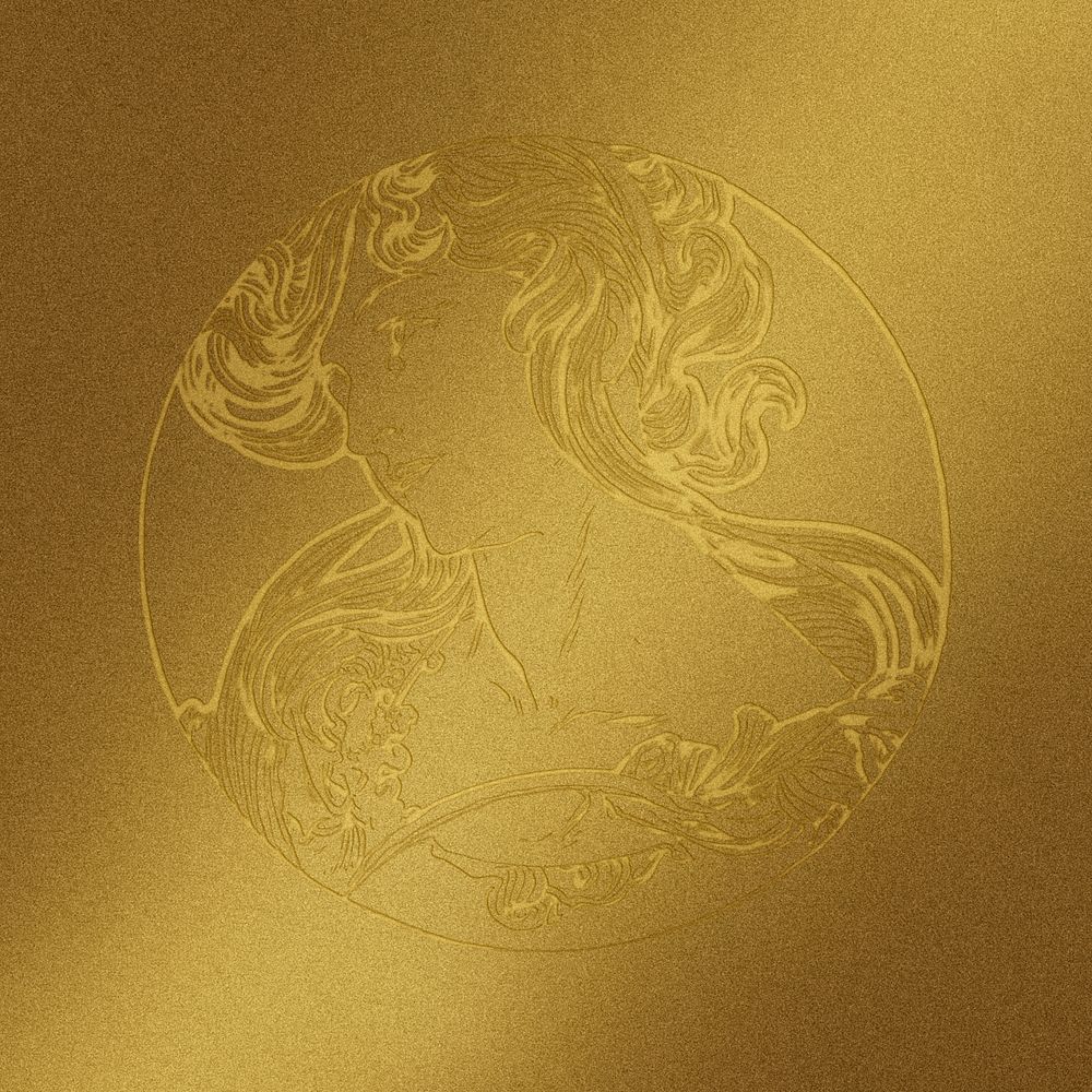 Art nouveau psd woman gold badge illustration, remixed from the artworks of Alphonse Maria Mucha
