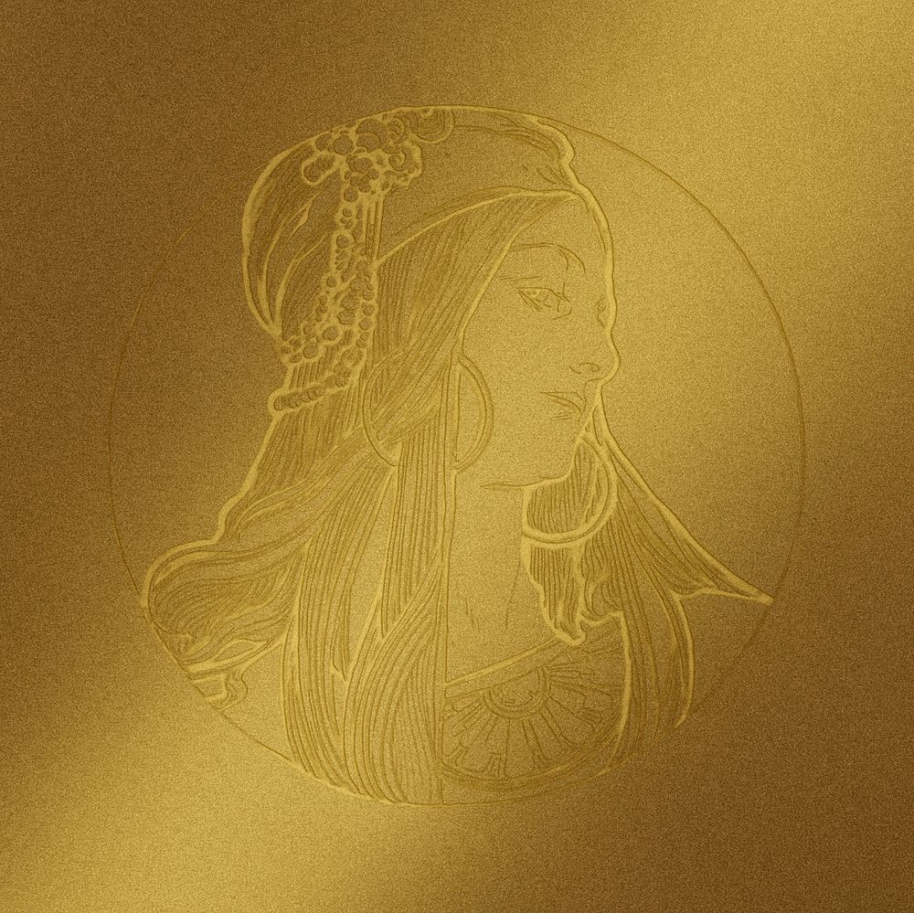 Art nouveau gold badge lady illustration, remixed from the artworks of Alphonse Maria Mucha