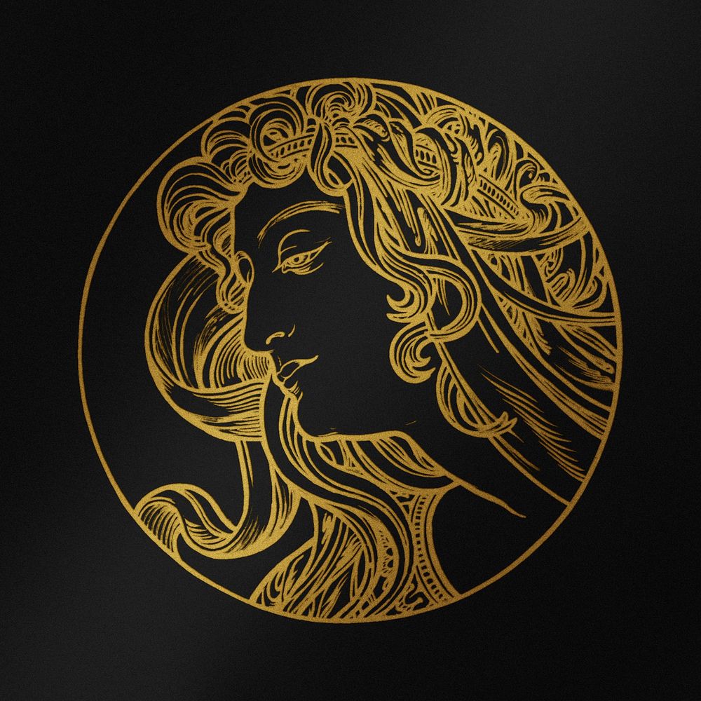 Lady art nouveau gold silhouette, remixed from the artworks of Alphonse Maria Mucha