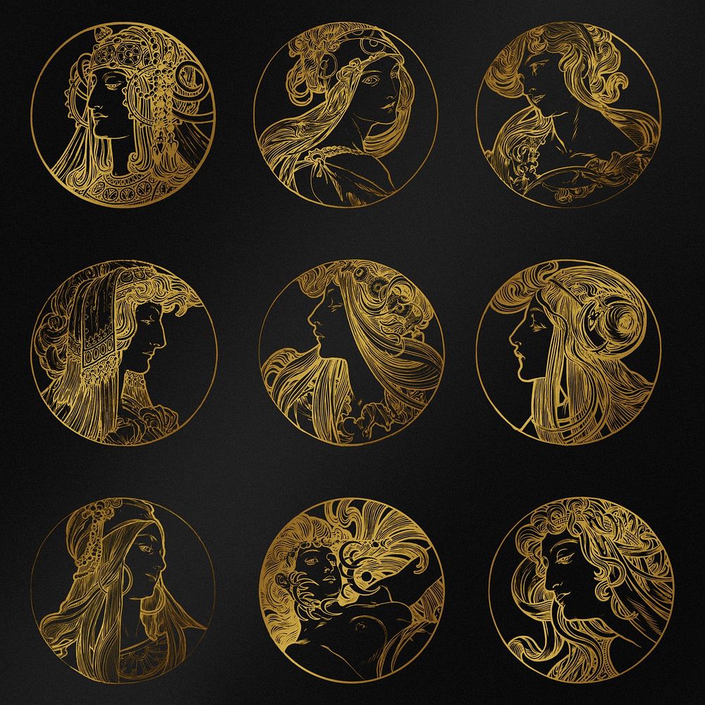 Lady art nouveau gold silhouette illustration set, remixed from the artworks of Alphonse Maria Mucha