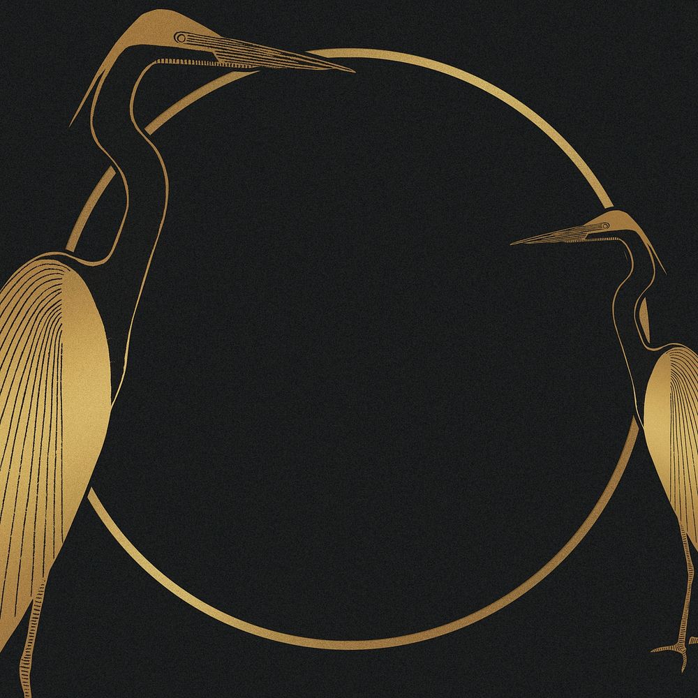 Vintage gold heron frame animal art print, remix from artworks by Samuel Jessurun de Mesquita