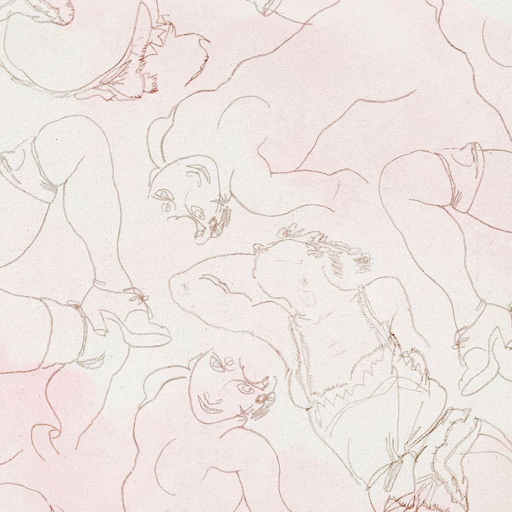 Women drawing patterned background remixed from the artworks of Egon Schiele.