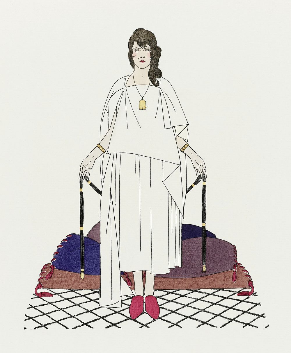 Woman in white vintage flapper dress, remixed from the artworks by Bernard Boutet de Monvel