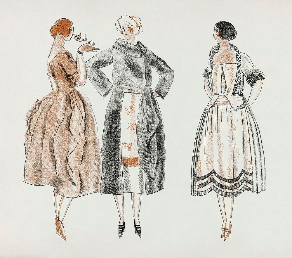 Women in vintage dresses illustration, remixed from the artworks by Mario Simon