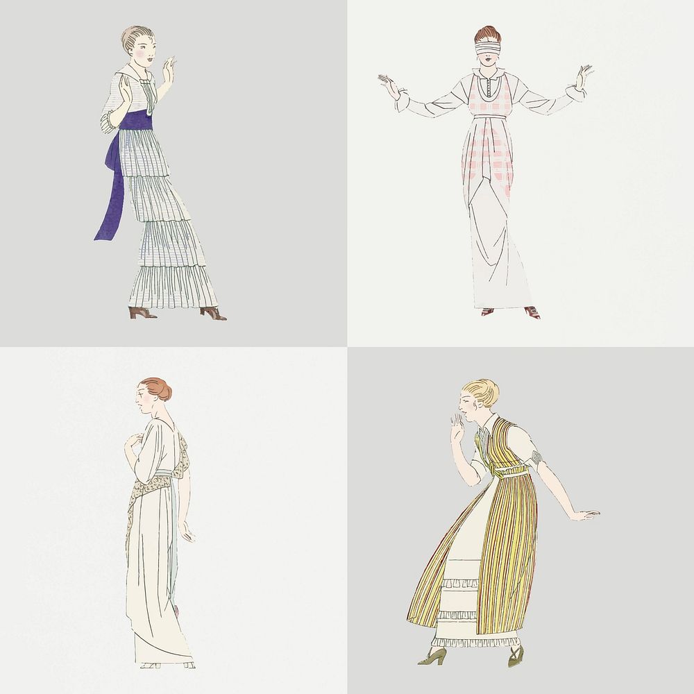 Woman vector in fashionable vintage dress set, remixed from the artworks by Bernard Boutet de Monvel