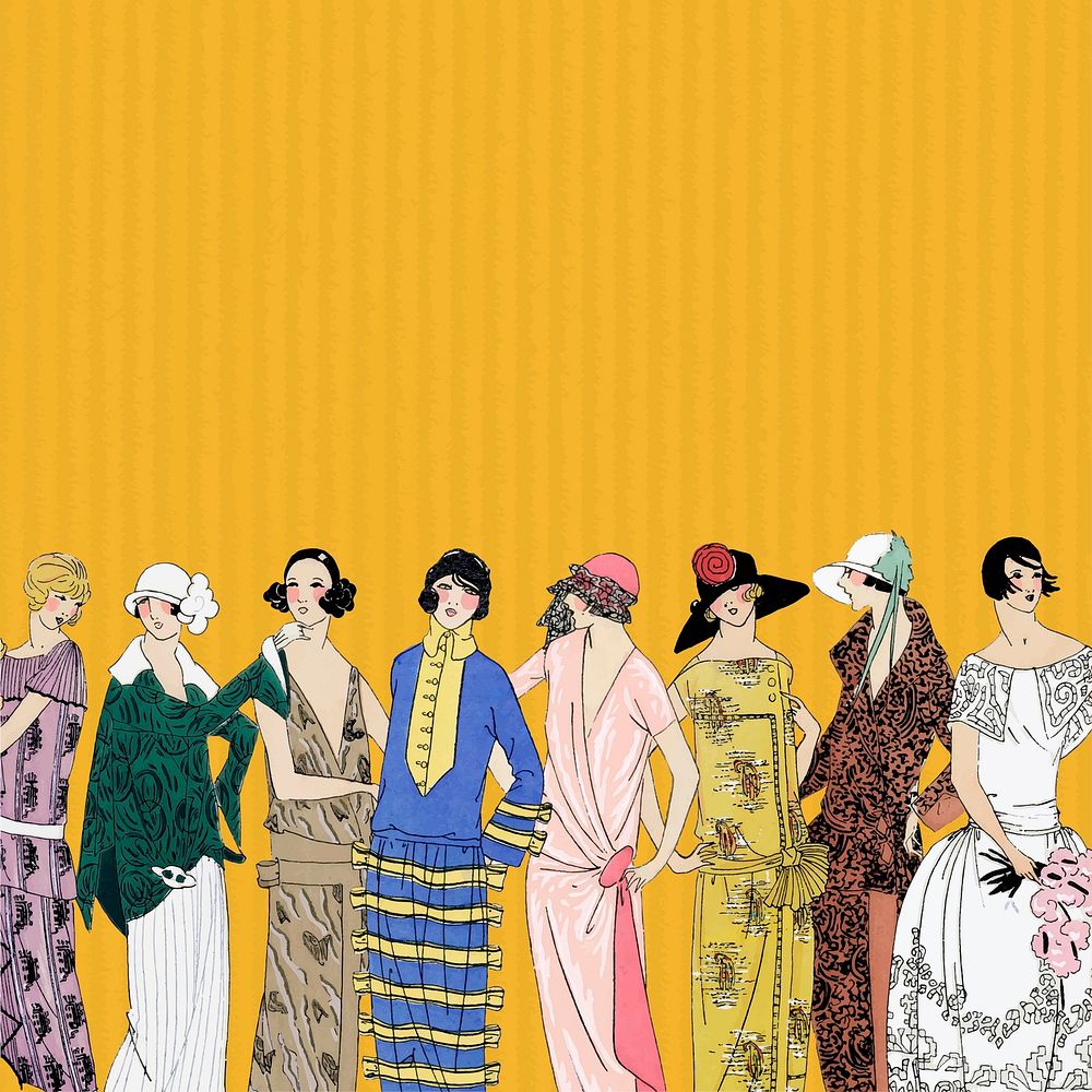 Yellow background vector featuring vintage women fashion from 1920s, remixed from vintage illustration published in…