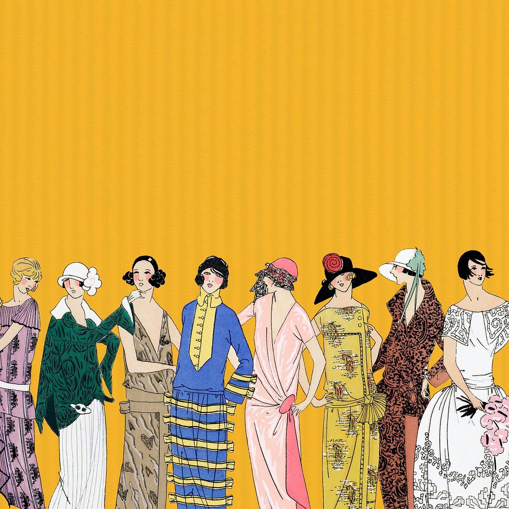 Yellow background featuring vintage women fashion from 1920s, remixed from vintage illustration published in Tr&egrave;s…