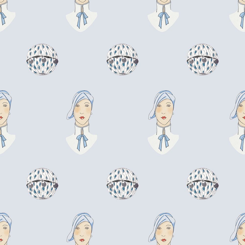 Pattern background psd featuring vintage woman and beauty items, remixed from public domain artworks