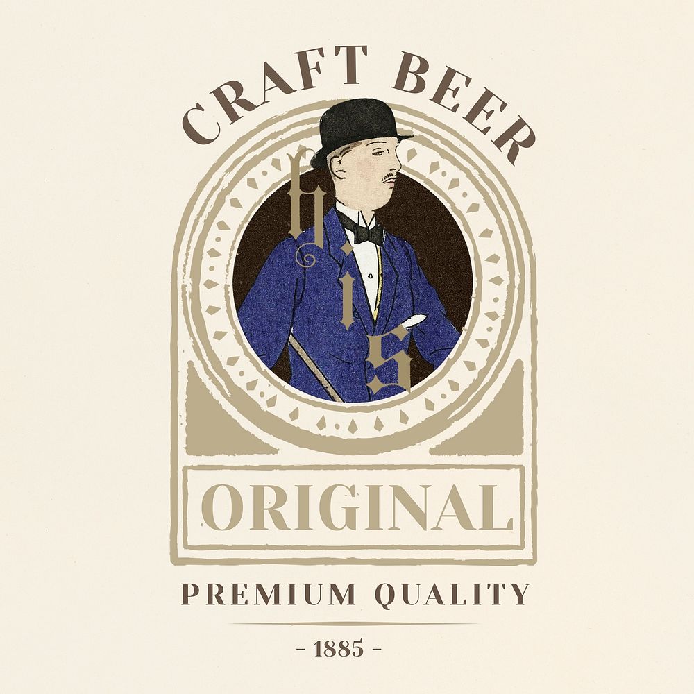 Badge with vintage man on craft beer logo design, remixed from the artworks by Bernard Boutet de Monvel
