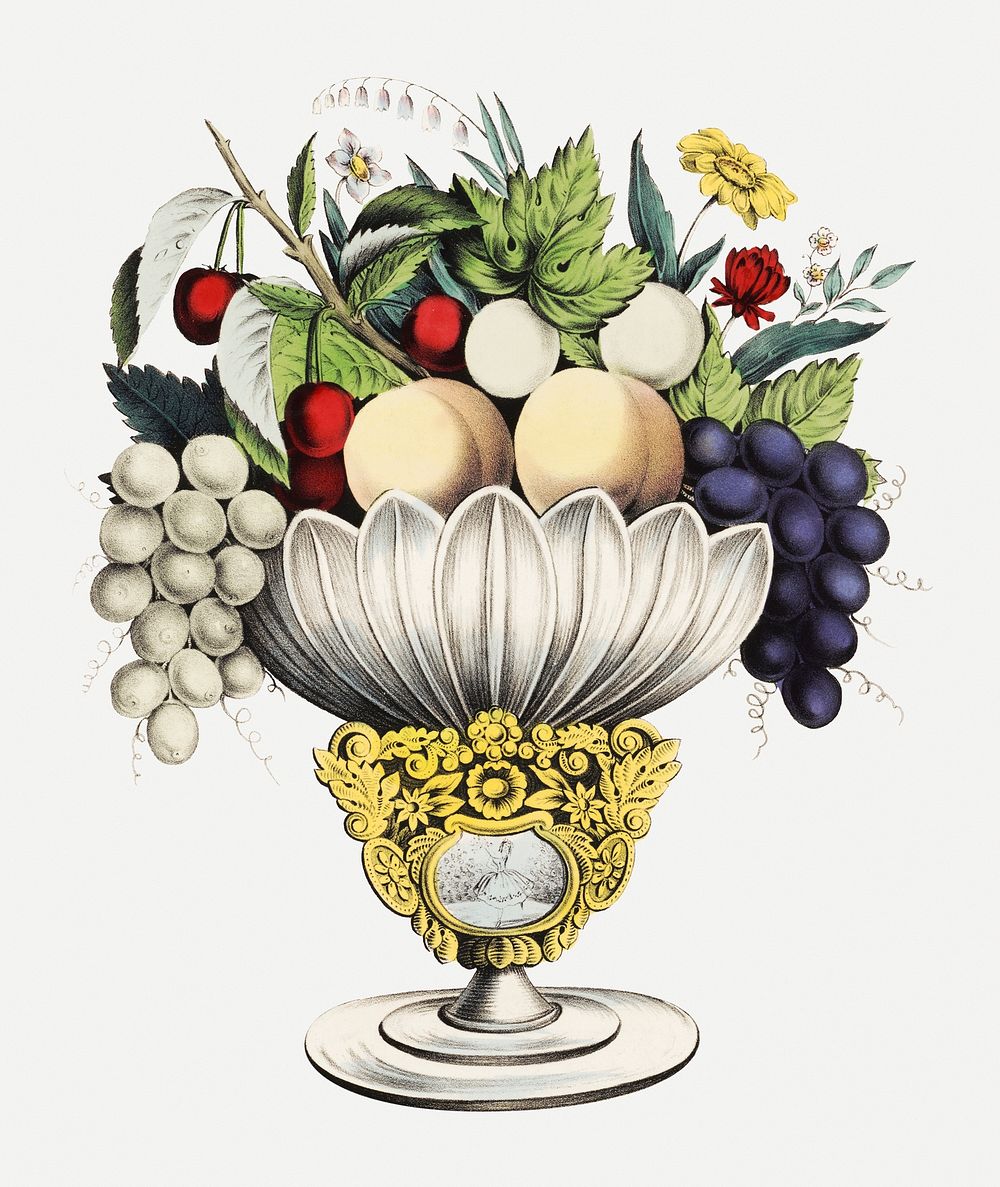 Vintage fruit vase psd illustration, remix from artworks by Currier & Ives