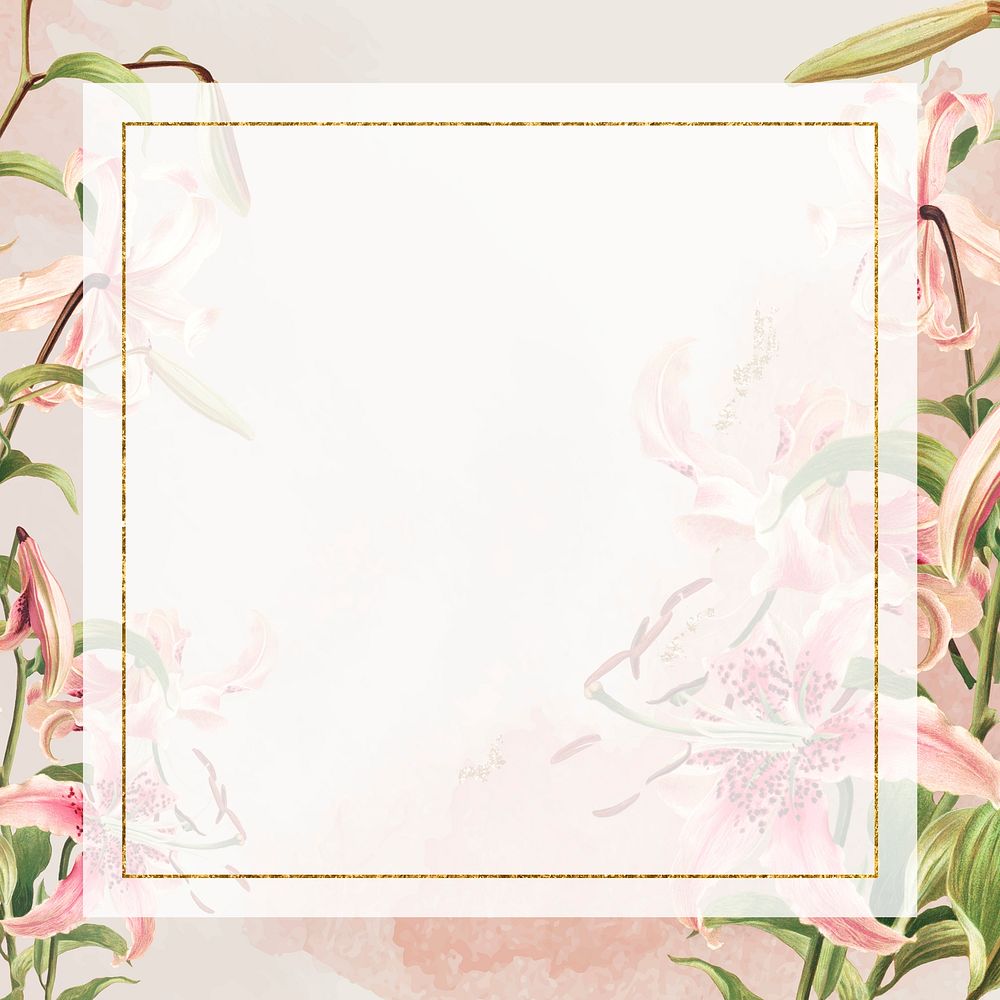Vintage pink lilies psd frame illustration, remix from artworks by L. Prang & Co.
