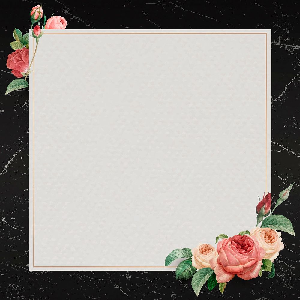 Pink rose frame on a marble textured background vector