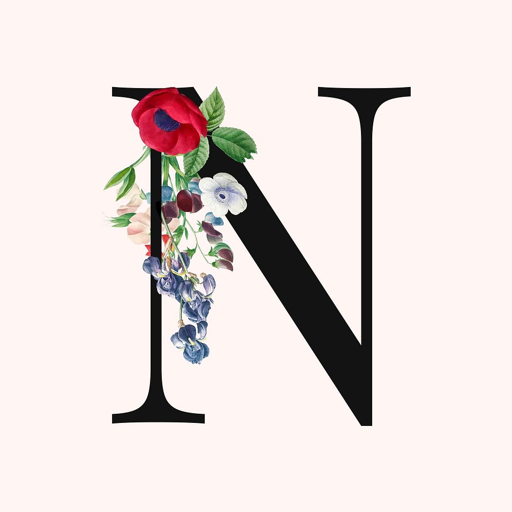 Flower decorated capital letter N typography vector