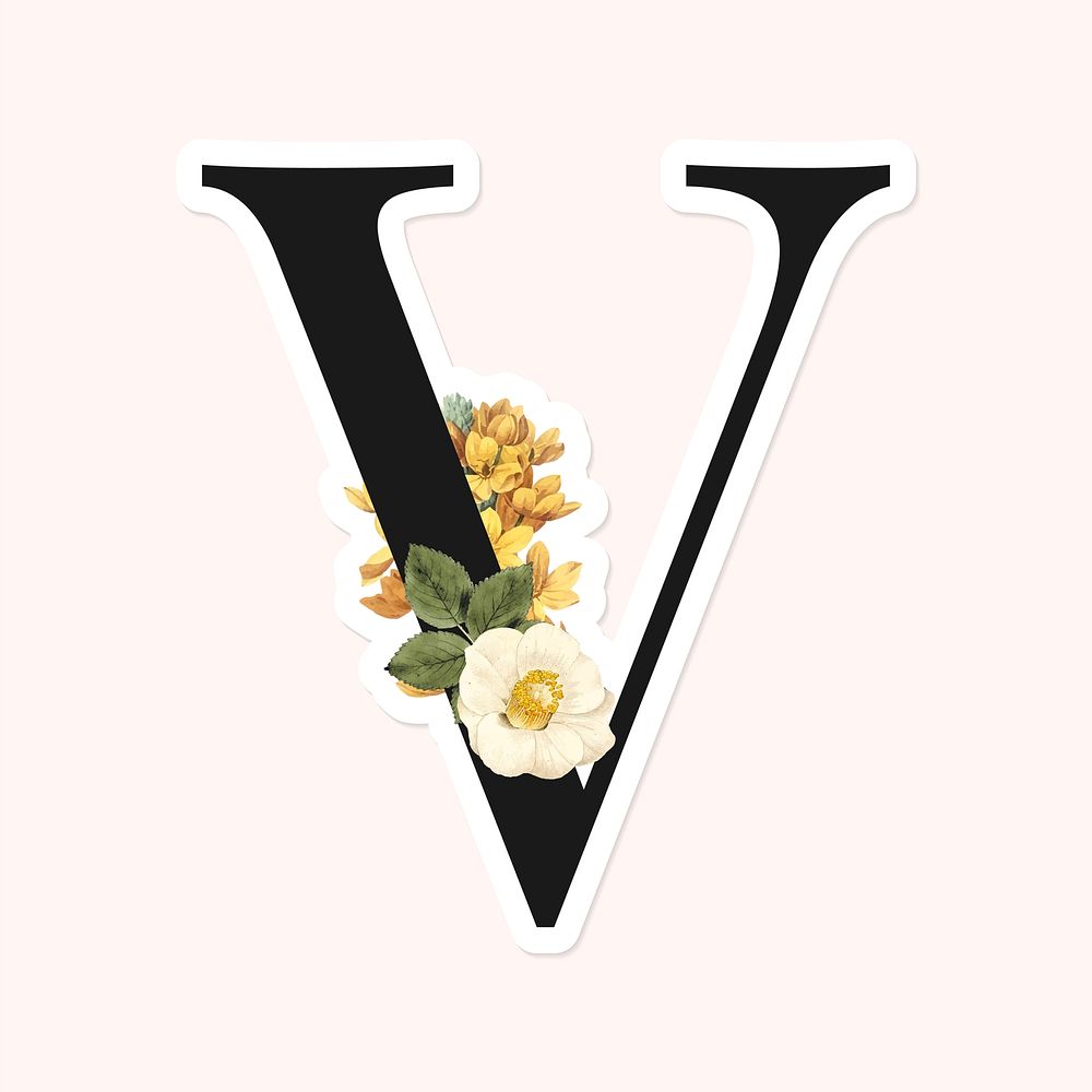 Flower decorated capital letter V sticker vector