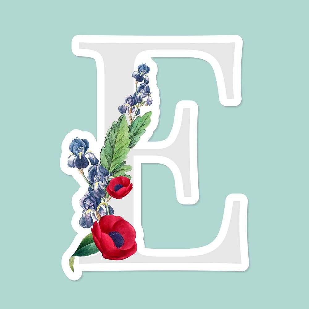 Flower decorated capital letter E sticker vector