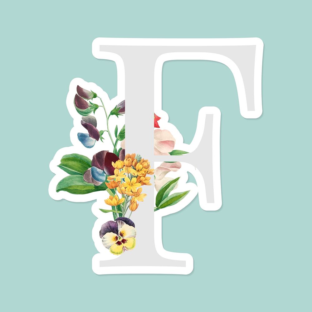 Flower decorated capital letter F sticker vector