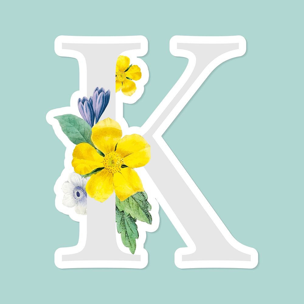Flower decorated capital letter K sticker vector