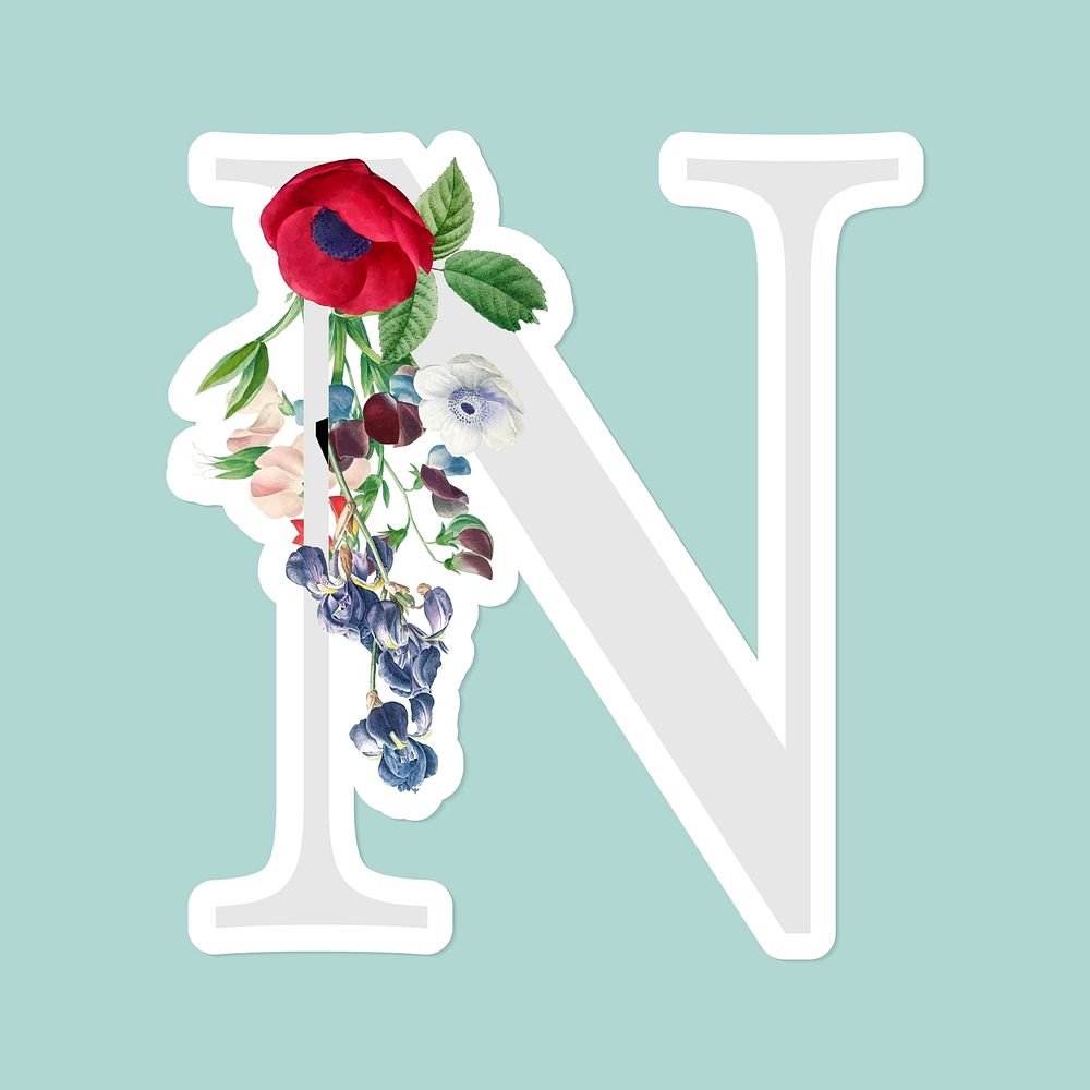 Flower decorated capital letter N sticker vector