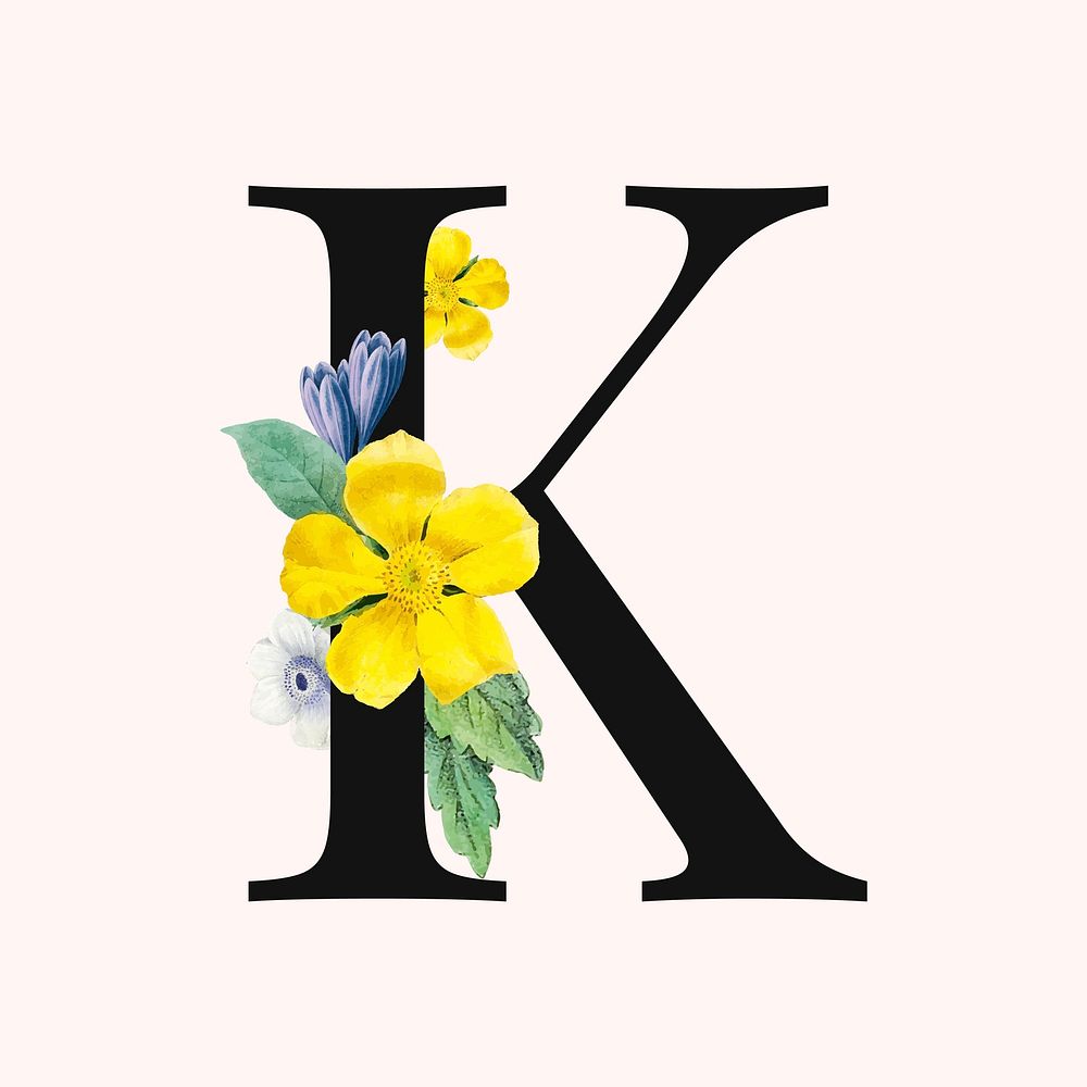 Flower decorated capital letter K typography vector