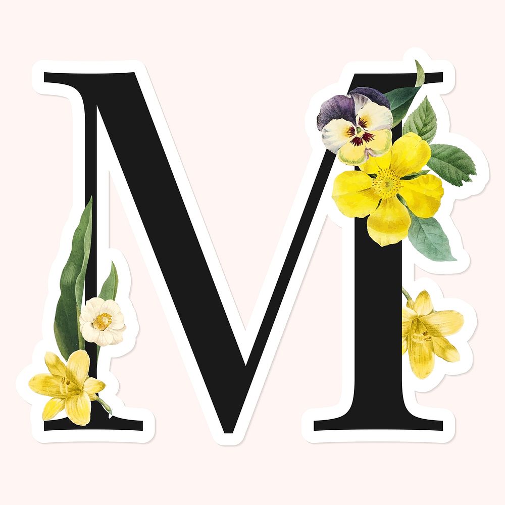 Flower decorated capital letter M sticker vector
