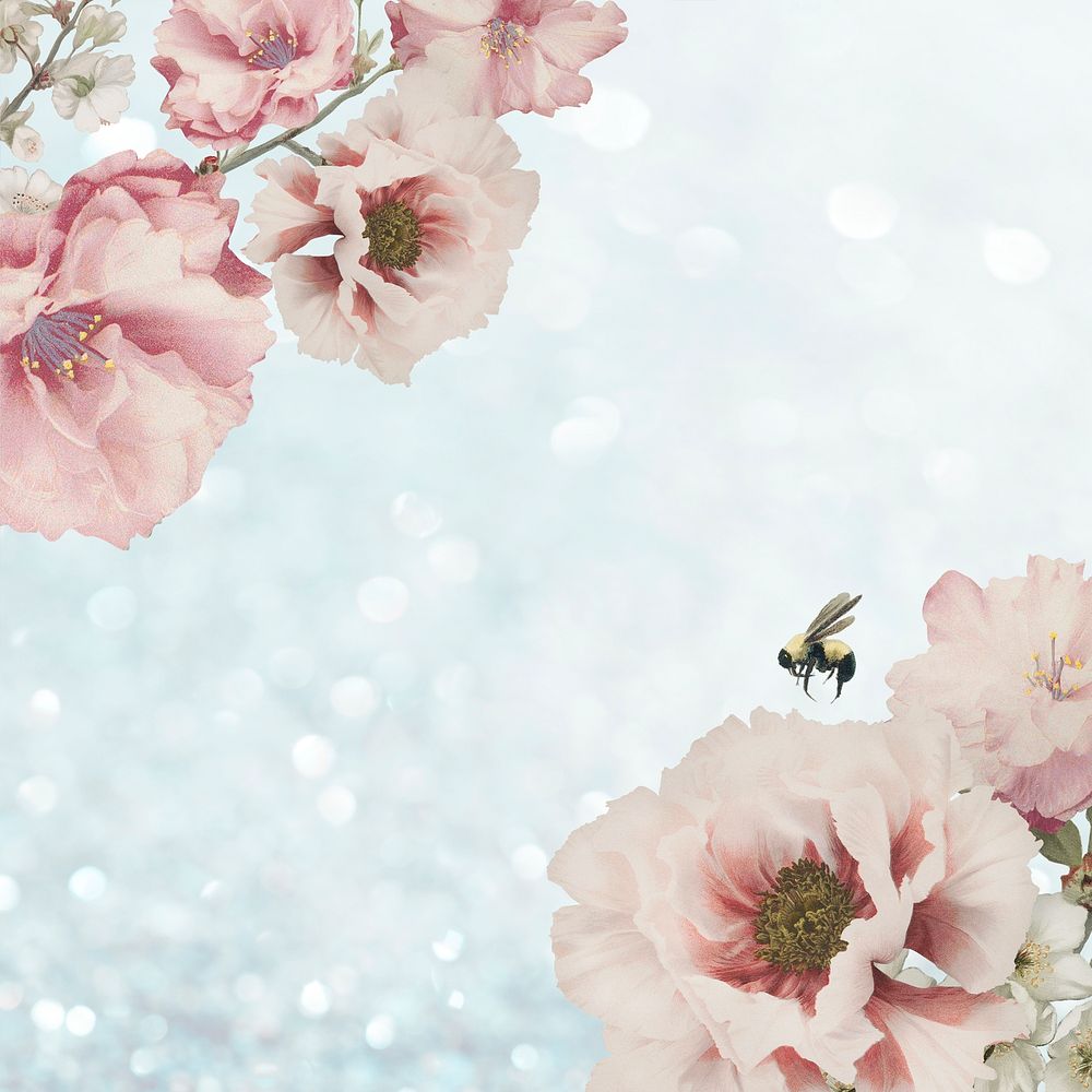 Pink peony, cherry blossom, and azalea flower branch bouquet border on blue glitter background