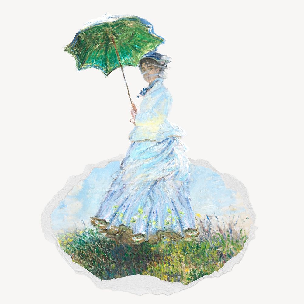 Woman with a Parasol ripped paper badge, Claude Monet painting, remixed by rawpixel