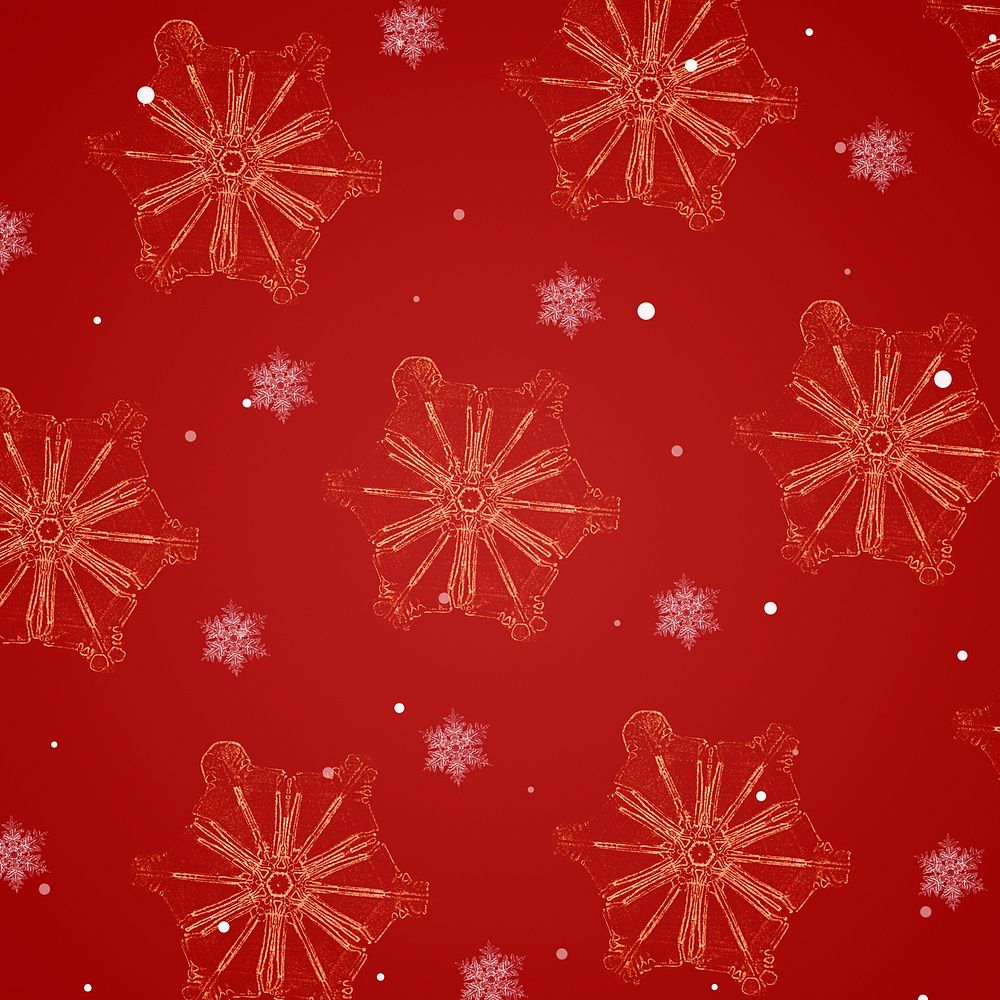 Red Christmas snowflake pattern background, remix of photography by Wilson Bentley